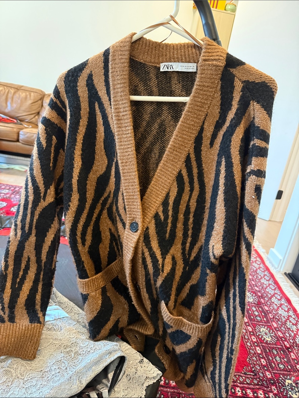 ZARA Black and Brown Zebra-Stripe Knit Cardigan